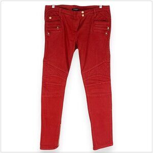 Balmain Paris Red Moto Biker Skinny Jeans Quilted Zipper Pockets Stretch 46 14